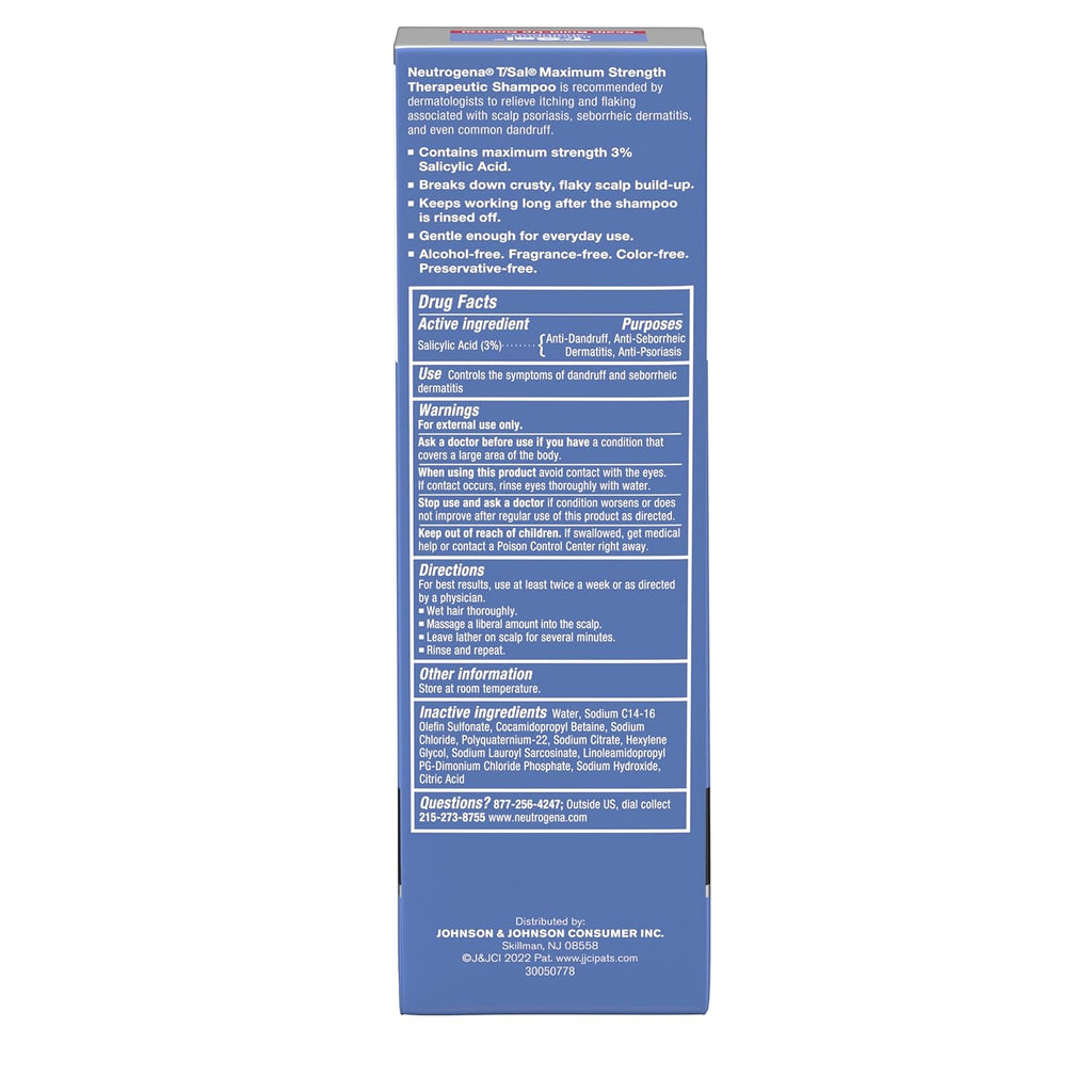 Neutrogena T/Sal Therapeutic Dandruff Shampoo - 3% Salicylic Acid for Psoriasis & Seborrheic Dermatitis, Fragrance Free, 4.5 fl oz
