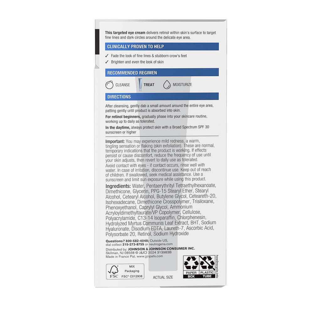 Neutrogena Rapid Wrinkle Repair Retinol Eye Cream for Dark Circles - Fragrance-Free Anti-Aging Eye Moisturizer with Hyaluronic Acid, 0.5 fl oz