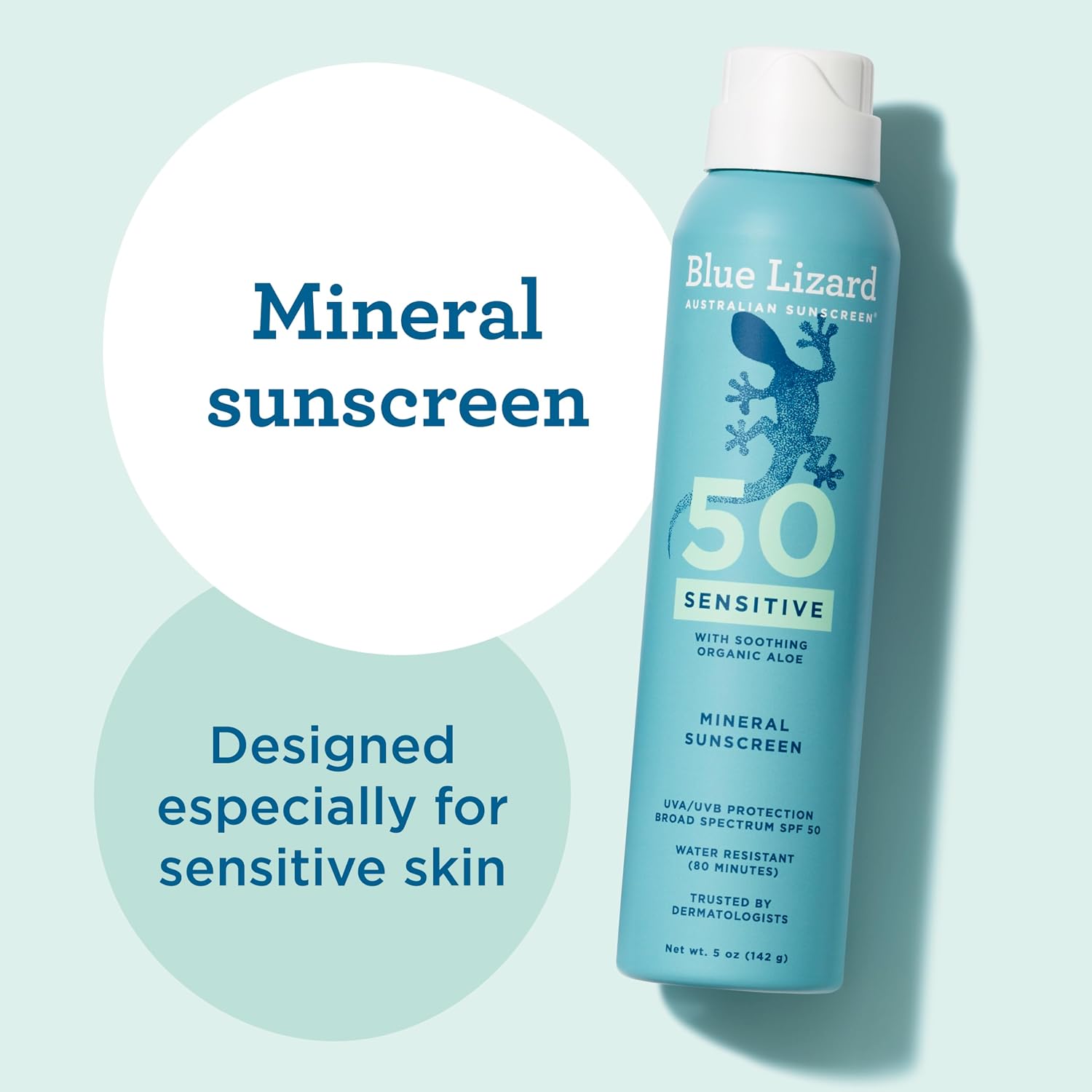 Blue Lizard Sensitive Mineral SPF 50 Spray - Dermatologist-Recommended Zinc Oxide Sunscreen for Sensitive Skin, 5 oz