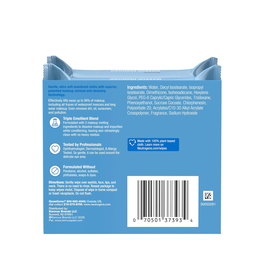 Neutrogena Micellar Makeup Remover Wipes - Alcohol-Free, Compostable, Removes Waterproof Mascara (Twin Pack 2×25)