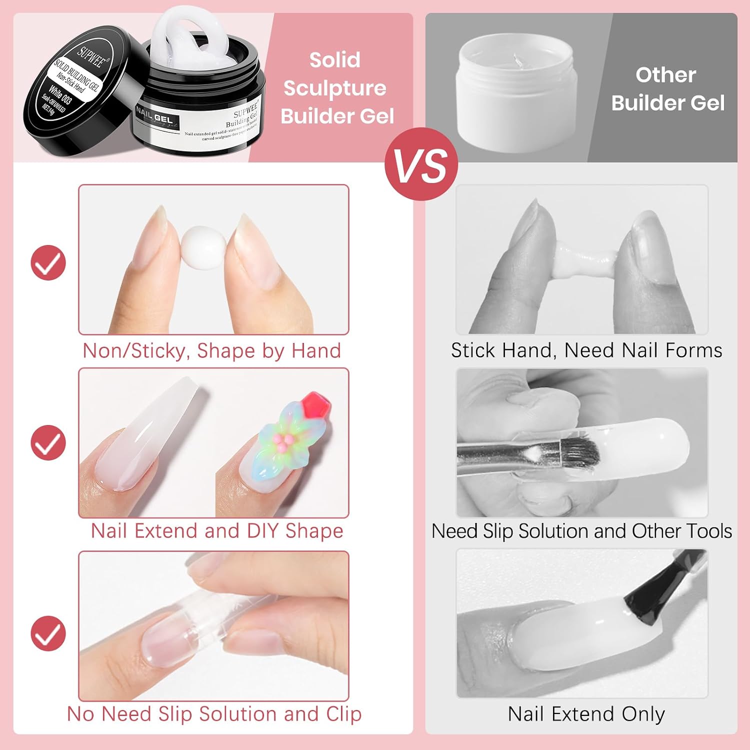 SUPWEE 3D Nail Art Gel Clear & White Builder Kit - Non-Stick for Home Manicure