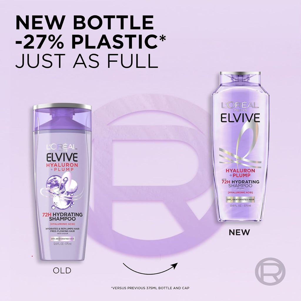 L'Oreal Paris Elvive Hyaluron Plump Shampoo - 72H Moisture for Dry Hair, Paraben-Free, 12.6 Fl Oz
