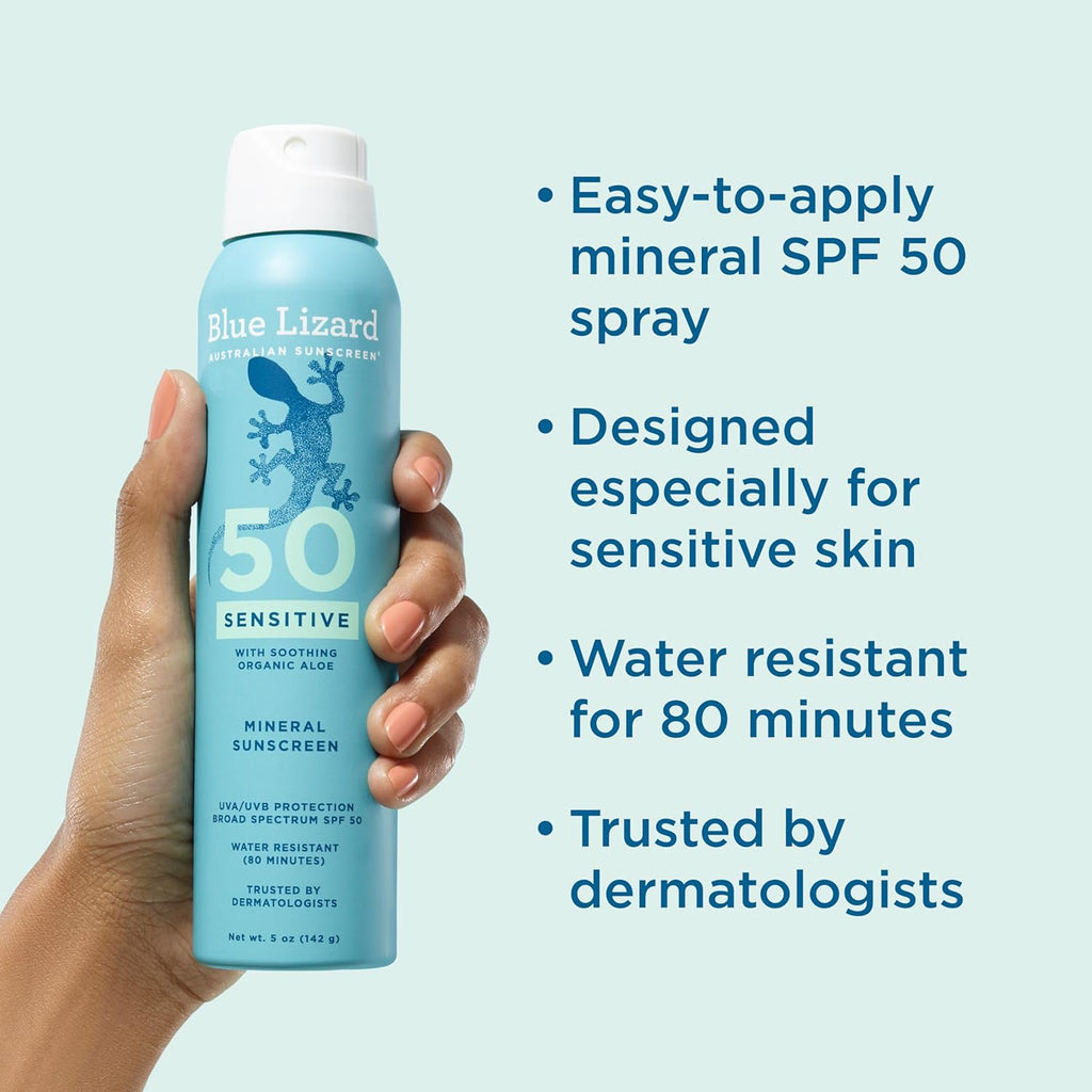 Blue Lizard Sensitive Mineral SPF 50 Spray - Dermatologist-Recommended Zinc Oxide Sunscreen for Sensitive Skin, 5 oz
