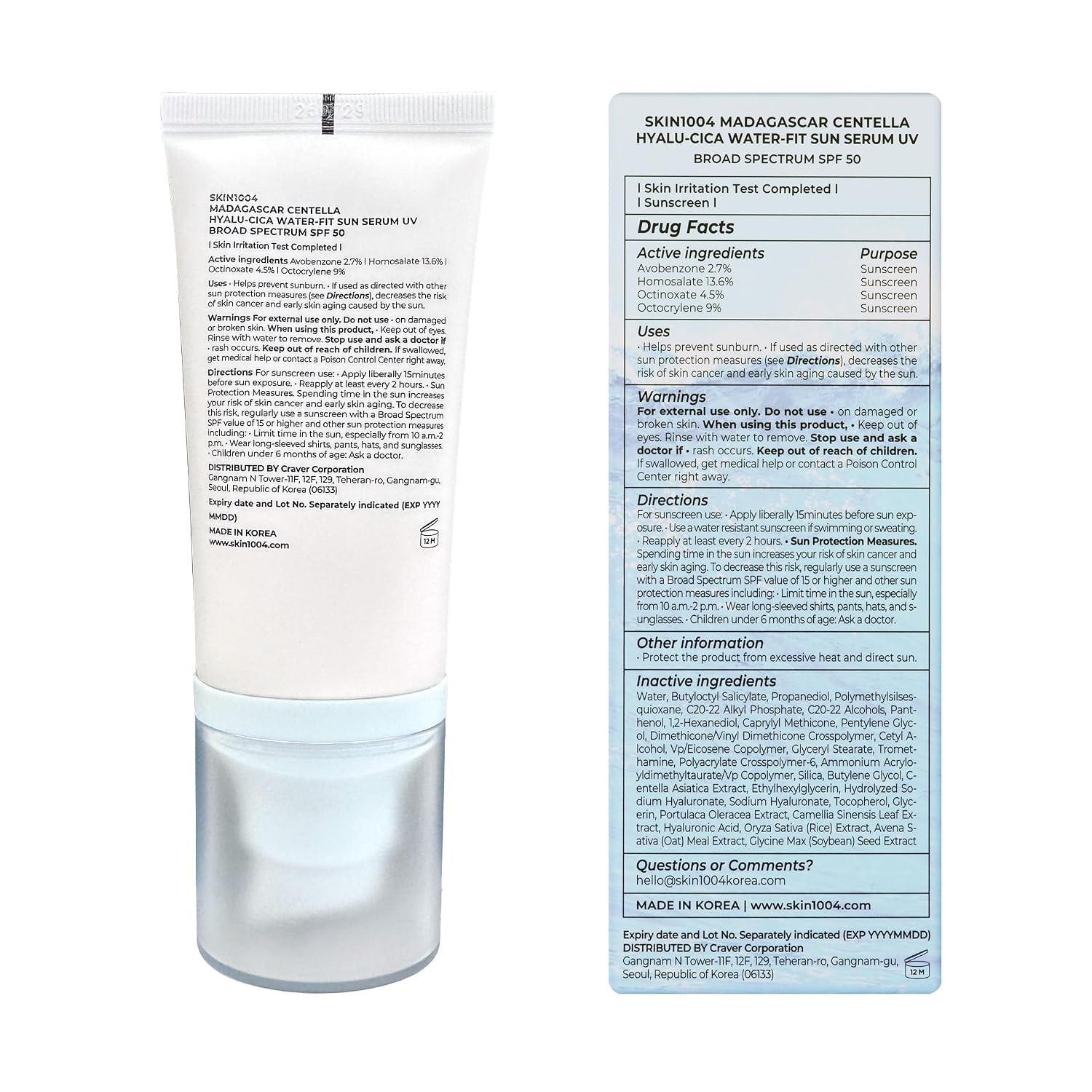 SKIN1004 Centella Hyalu-Cica Sun Serum SPF 50 - Lightweight Daily Facial Sunscreen for All Skin Types