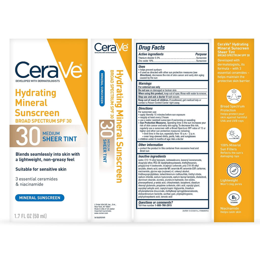 CeraVe Hydrating Mineral SPF 30 Sheer Tint Face Sunscreen - For All Skin Types