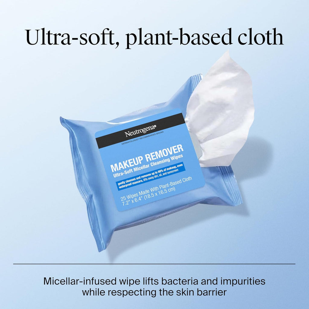 Neutrogena Micellar Makeup Remover Wipes - Alcohol-Free, Compostable, Removes Waterproof Mascara (Twin Pack 2×25)