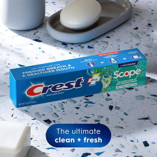 Crest + Scope Whitening Fluoride Toothpaste (3-Pack) - 5.4 oz Tubes for Fresh Breath & Cavity Protection