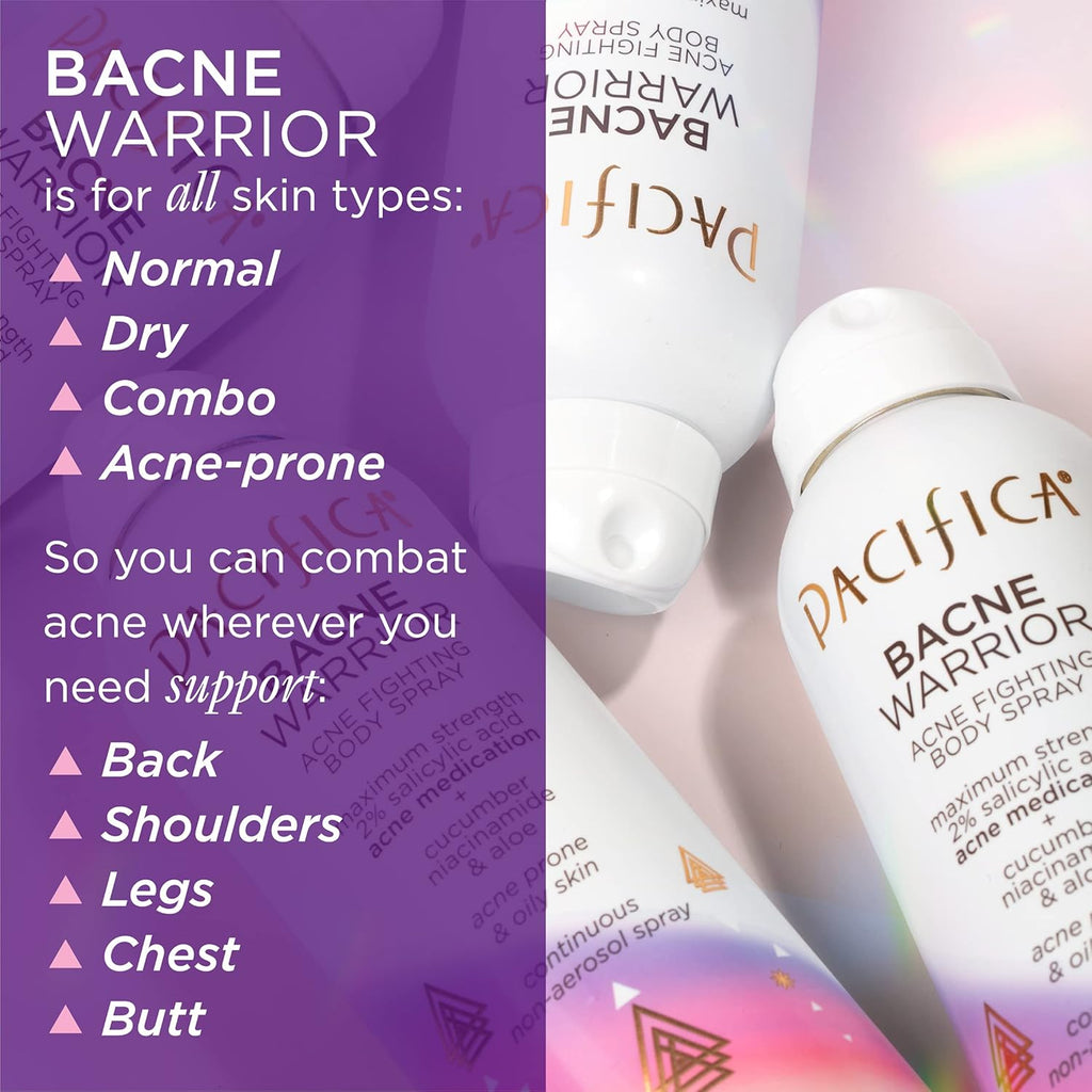 Pacifica Bacne Warrior - 2% Salicylic Acid Back Acne Spray for Body & Chest, Dermatologist Tested, 6 Fl Oz