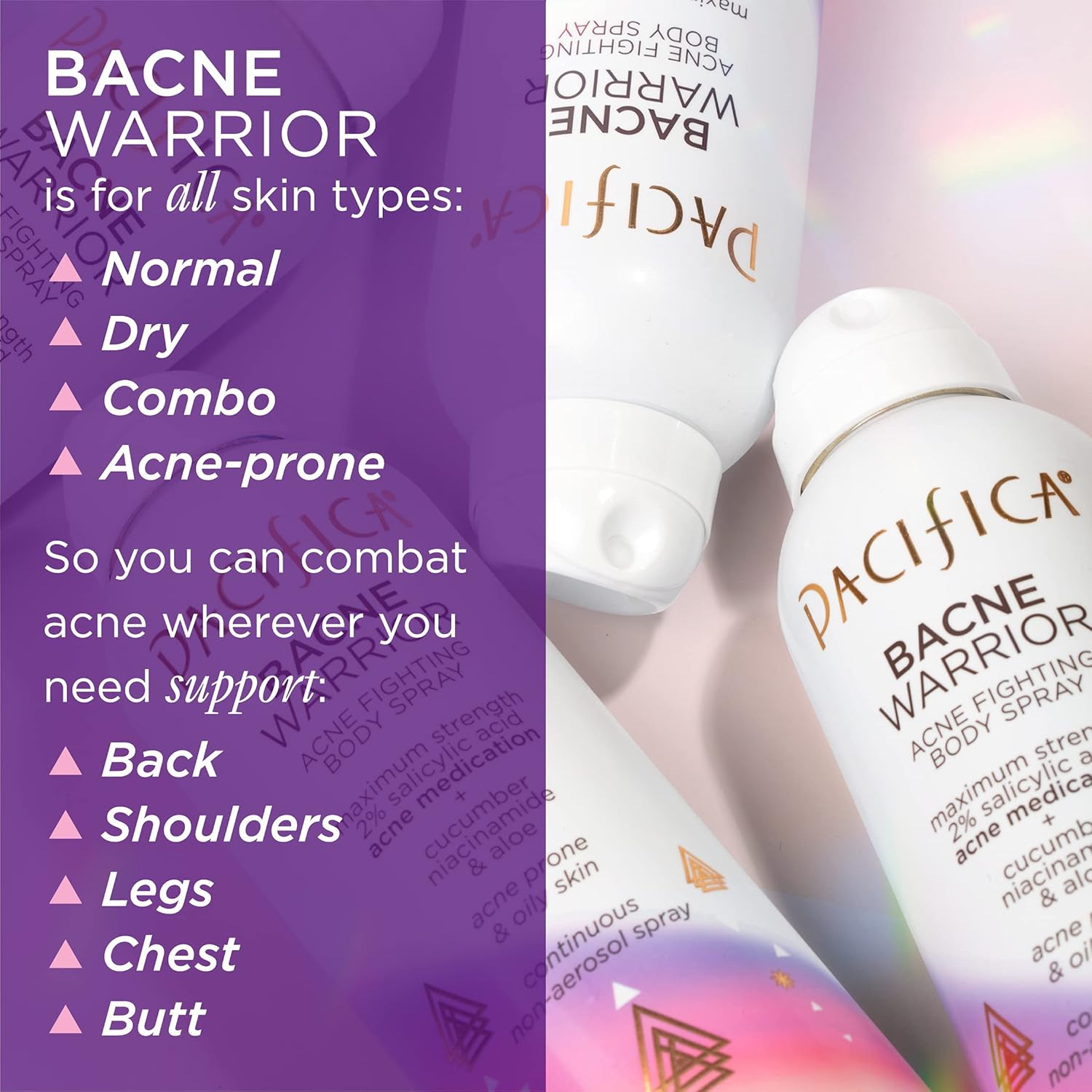 Pacifica Bacne Warrior - 2% Salicylic Acid Back Acne Spray for Body & Chest, Dermatologist Tested, 6 Fl Oz