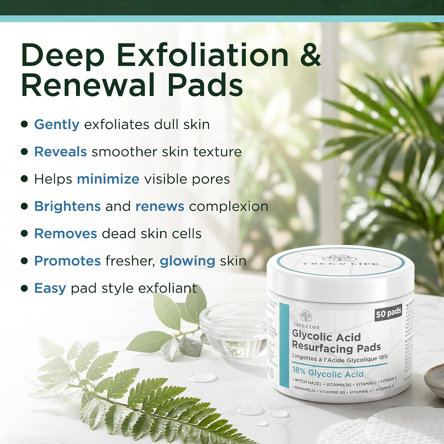 Tree of Life Beauty 18% Glycolic Acid Face Pads (50 Count) - Exfoliating Pads with Witch Hazel for Smoother Skin