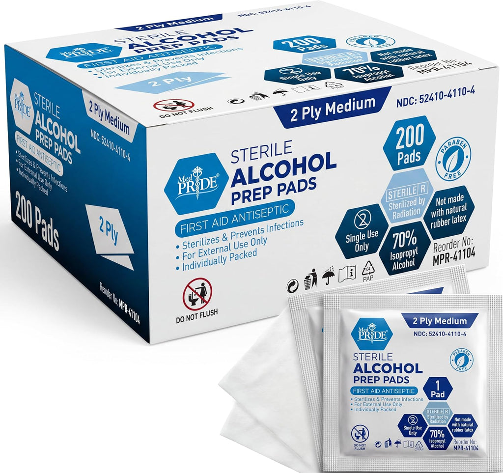 MED PRIDE Alcohol Prep Pads - 70% Isopropyl, Individually Wrapped (200 Count)