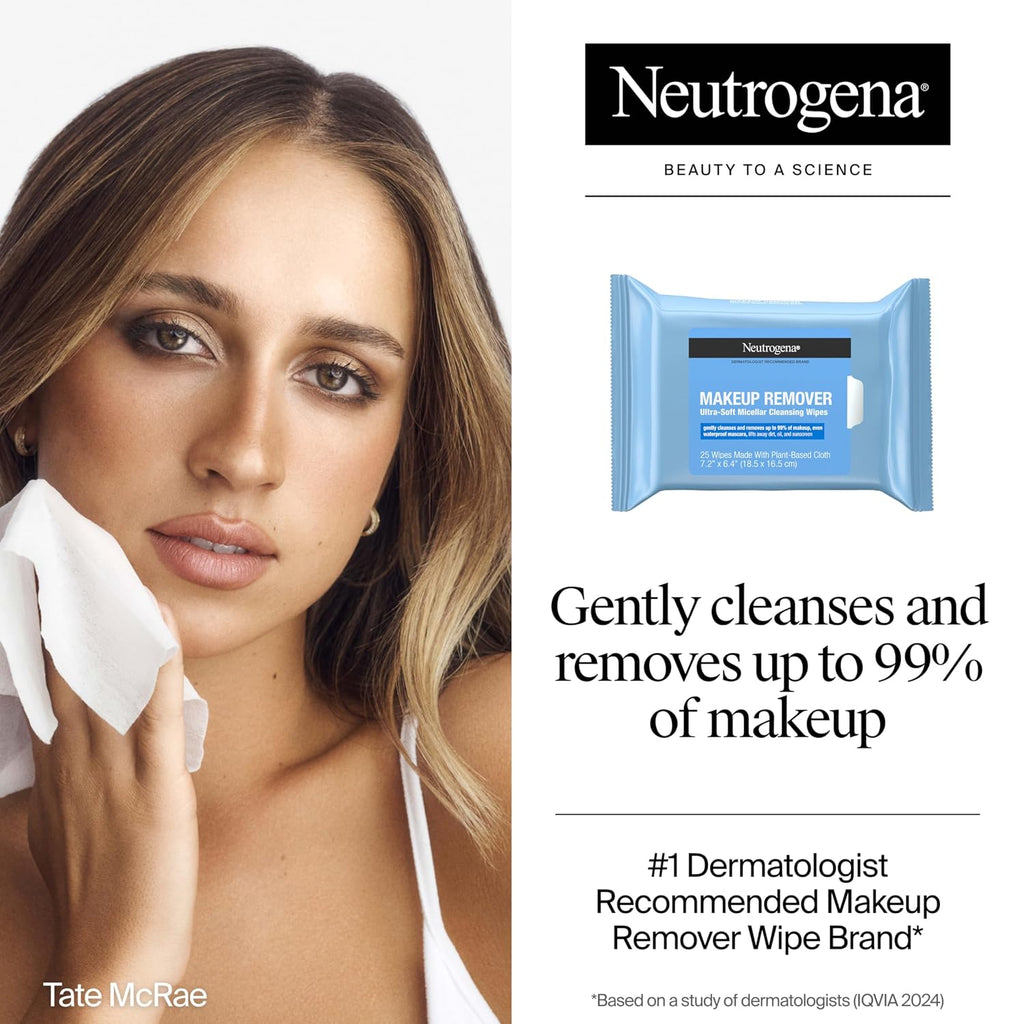 Neutrogena Micellar Makeup Remover Wipes - Alcohol-Free, Compostable, Removes Waterproof Mascara (Twin Pack 2×25)