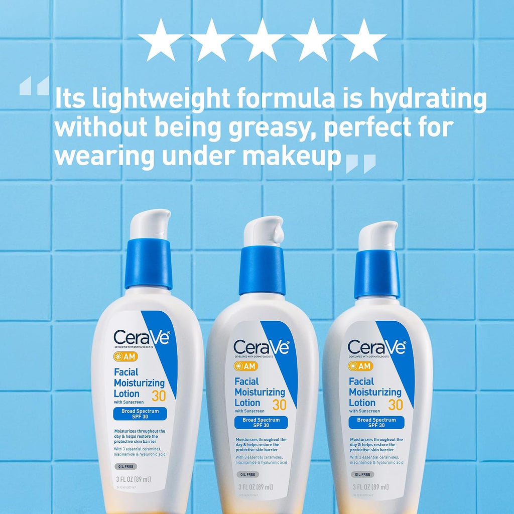 CeraVe AM SPF 30 Facial Moisturizer with Hyaluronic Acid & Ceramides - Oil-Free Daily Sunscreen for All Skin Types, 3 fl oz