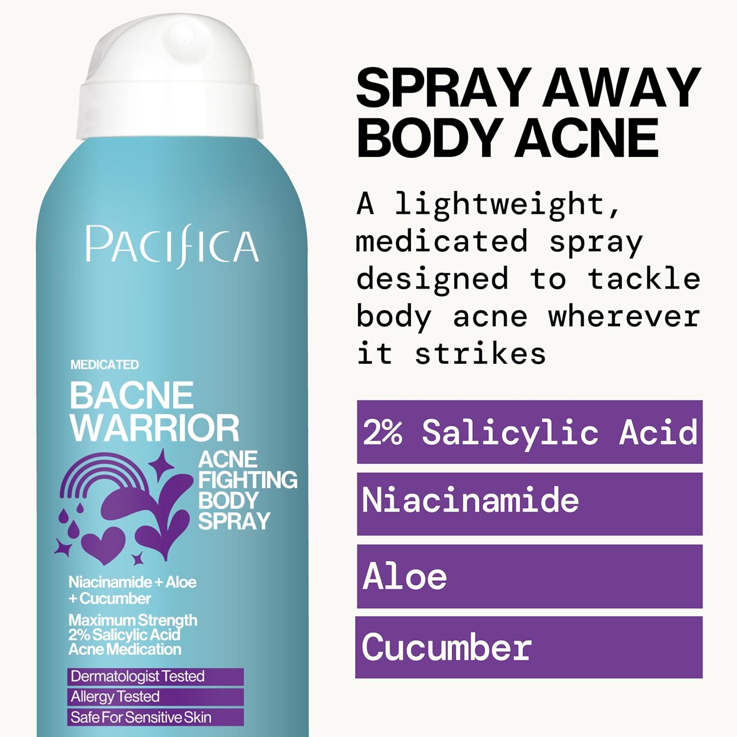 Pacifica Bacne Warrior - 2% Salicylic Acid Back Acne Spray for Body & Chest, Dermatologist Tested, 6 Fl Oz