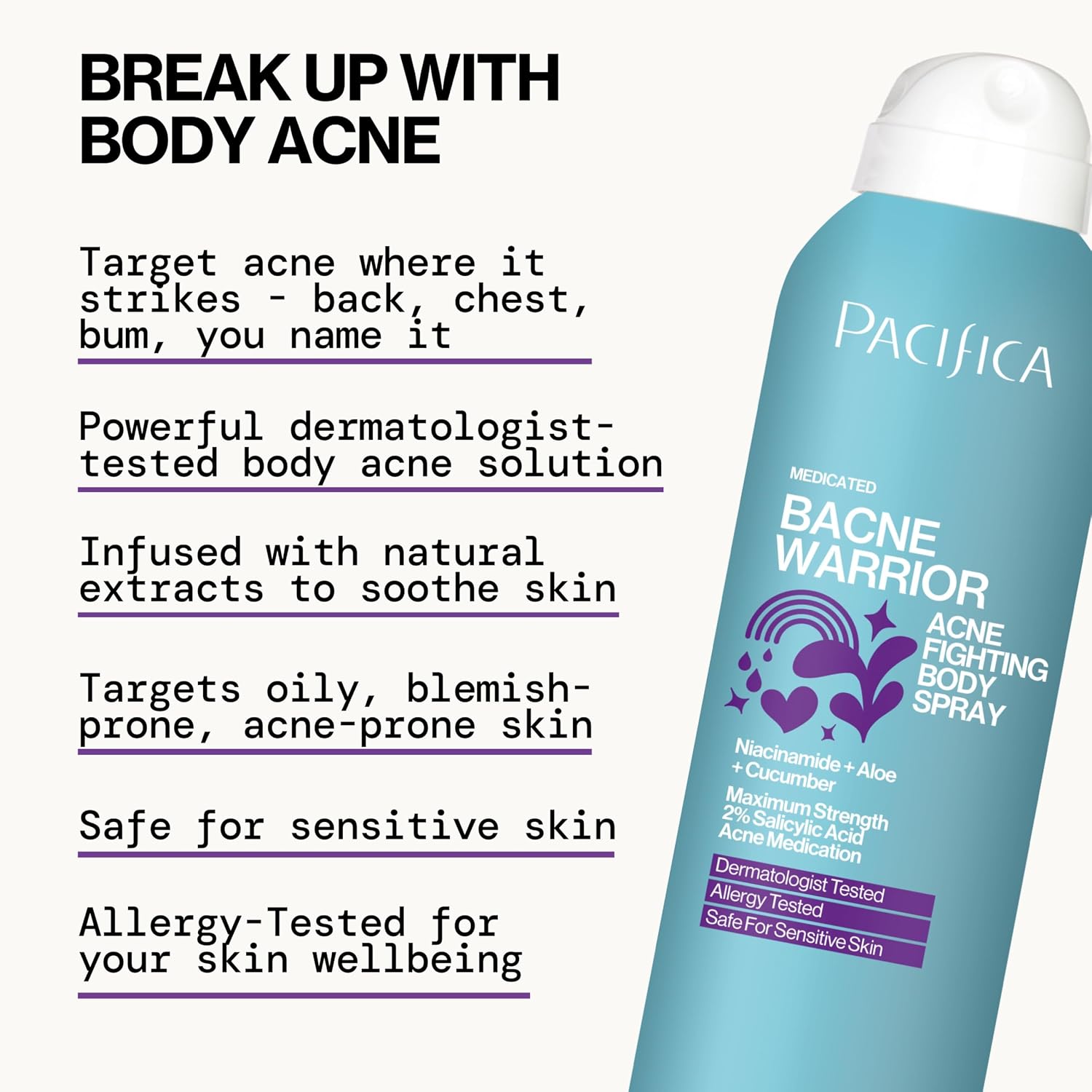 Pacifica Bacne Warrior - 2% Salicylic Acid Back Acne Spray for Body & Chest, Dermatologist Tested, 6 Fl Oz