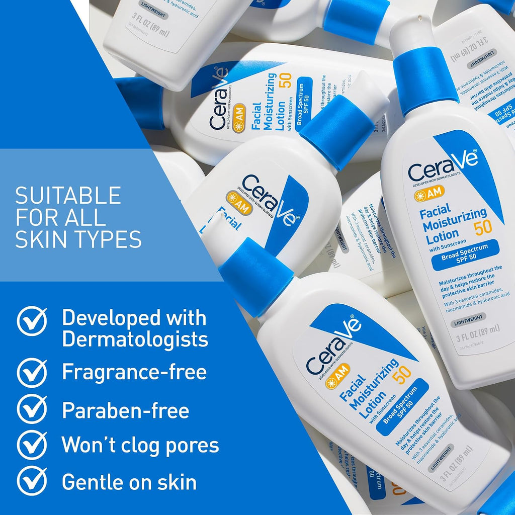 CeraVe AM Facial Moisturizer SPF 50 - Hydrating Daily Face Lotion with Broad Spectrum Sunscreen & Ceramides for All Skin Types