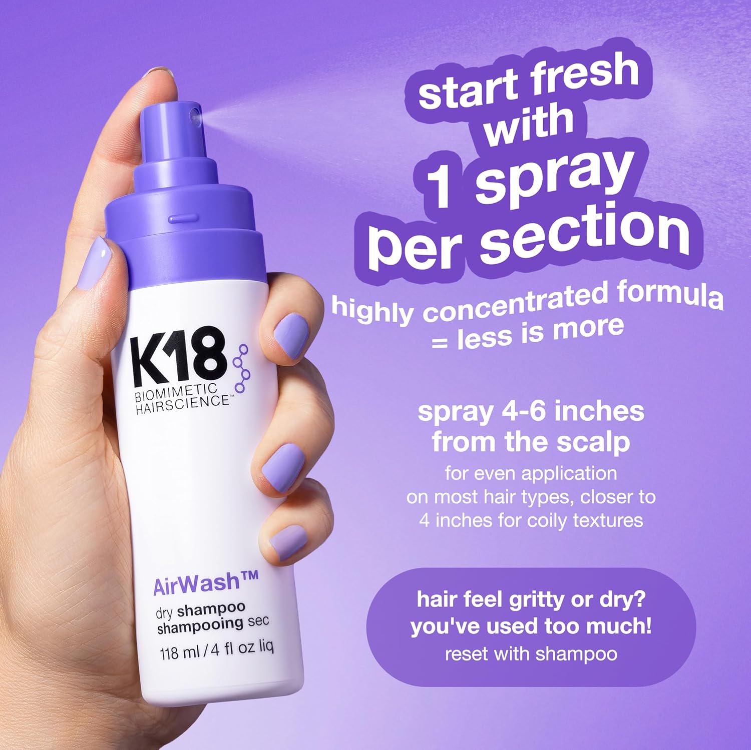 K18 Non-Aerosol Dry Shampoo - Odor-Eliminating & Oil-Control for Up to 3 Days