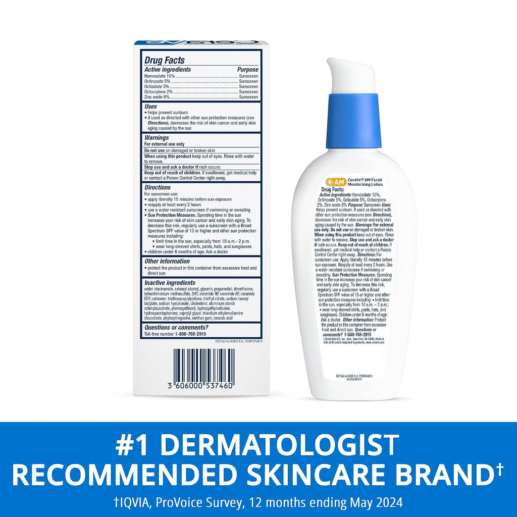 CeraVe AM SPF 30 Facial Moisturizer with Hyaluronic Acid & Ceramides - Oil-Free Daily Sunscreen for All Skin Types, 3 fl oz
