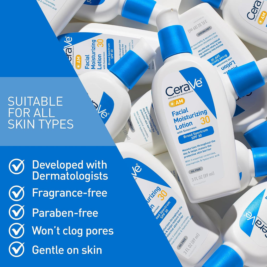 CeraVe AM SPF 30 Facial Moisturizer with Hyaluronic Acid & Ceramides - Oil-Free Daily Sunscreen for All Skin Types, 3 fl oz