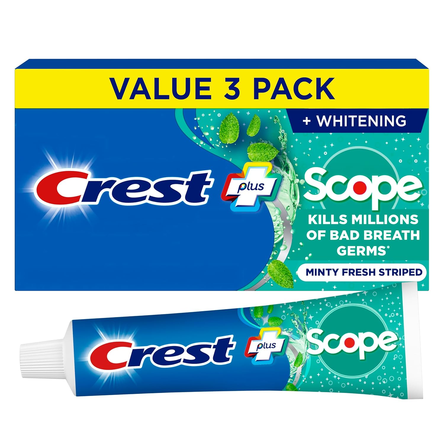 Crest + Scope Whitening Fluoride Toothpaste (3-Pack) - 5.4 oz Tubes for Fresh Breath & Cavity Protection