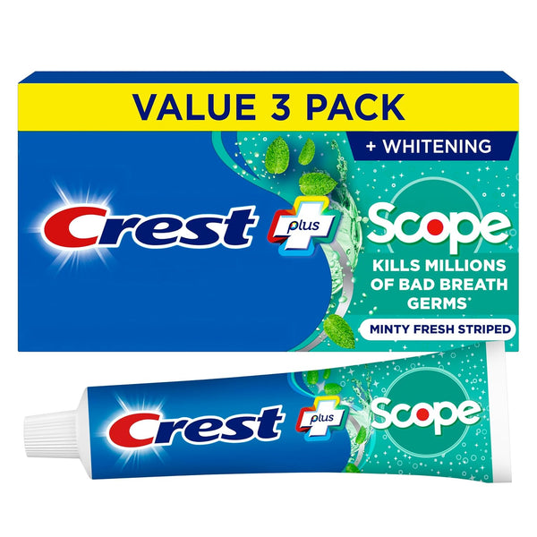 Crest + Scope Whitening Fluoride Toothpaste (3-Pack) - 5.4 oz Tubes for Fresh Breath & Cavity Protection