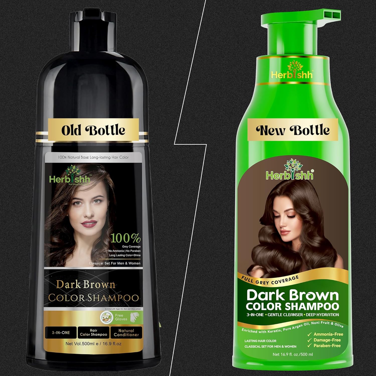 Herbishh Ammonia-Free Hair Color Shampoo for Gray Hair - 3-in-1 Dye & Cleanse, 500ml