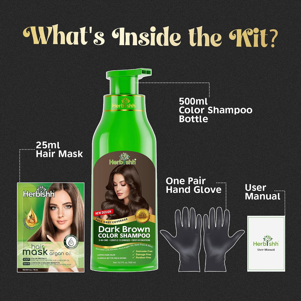 Herbishh Ammonia-Free Hair Color Shampoo for Gray Hair - 3-in-1 Dye & Cleanse, 500ml
