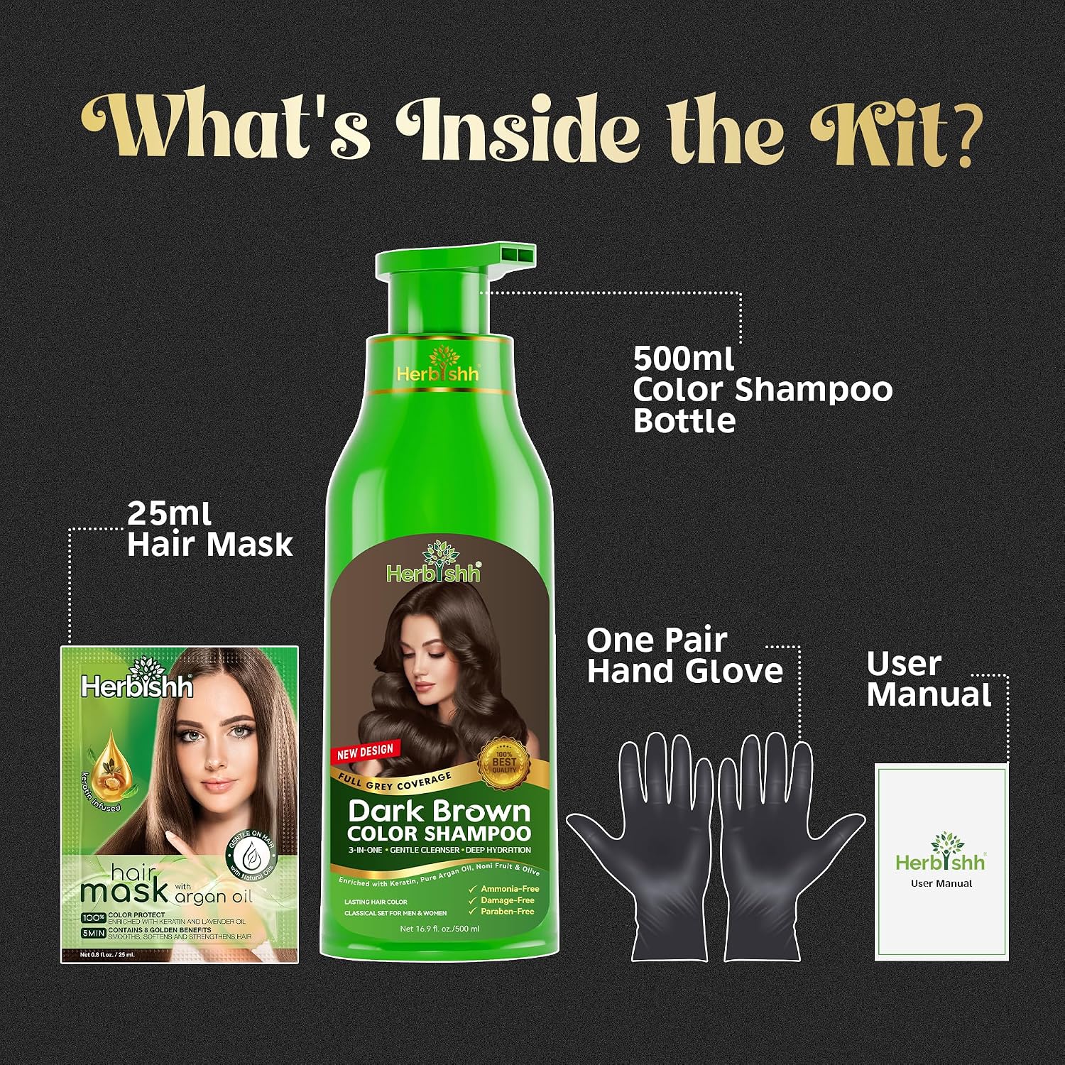 Herbishh Ammonia-Free Hair Color Shampoo for Gray Hair - 3-in-1 Dye & Cleanse, 500ml