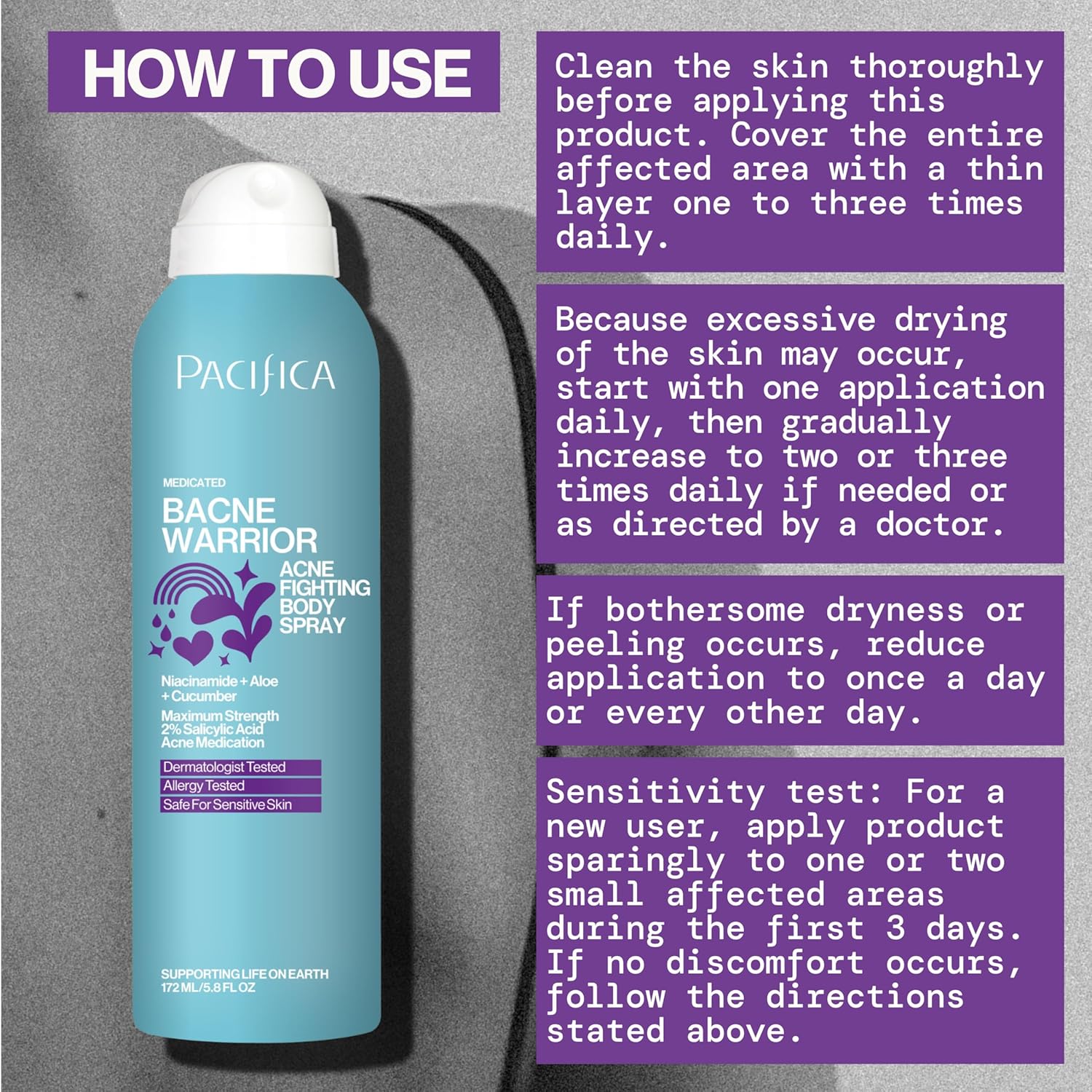 Pacifica Bacne Warrior - 2% Salicylic Acid Back Acne Spray for Body & Chest, Dermatologist Tested, 6 Fl Oz